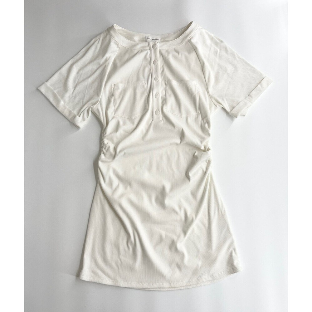Lovers + Freinds Womens White Ribbed Cuffed Ruched Button T-Shirt Dress Med NWT